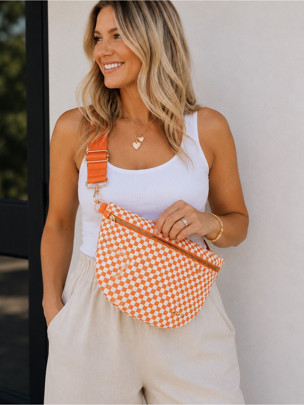 Pretty Simple Westlyn Woven Bum Bag Vegan Leather Checkered Orange Adjustable